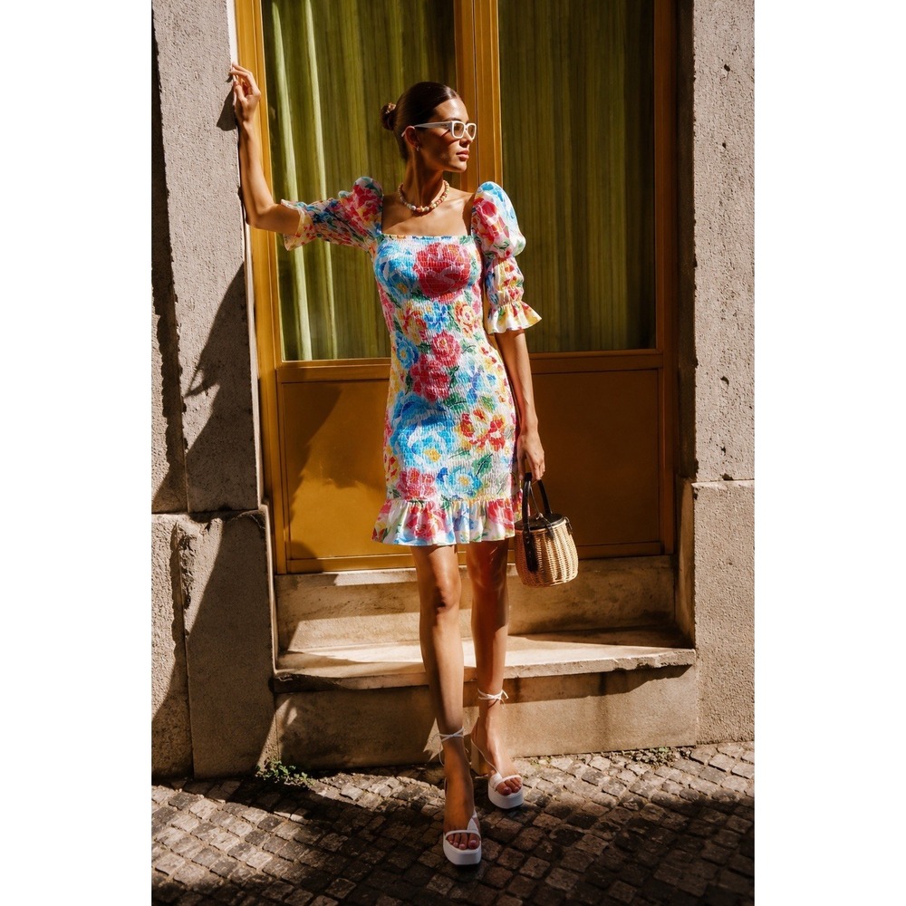 Mochi Marina All Things Shirred Silk Floral Mini Dress  Puff Sleeve XS $450